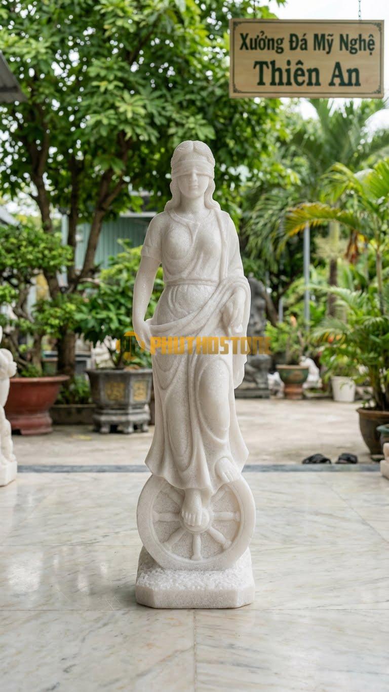 Tượng Nữ Thần May Mắn Đá Trắng Muối Fortuna Bịt Mắt Đứng Thăng Bằng Trên Bánh Xe Vận Mệnh – Cao 70Cm X Rộng 25Cm.