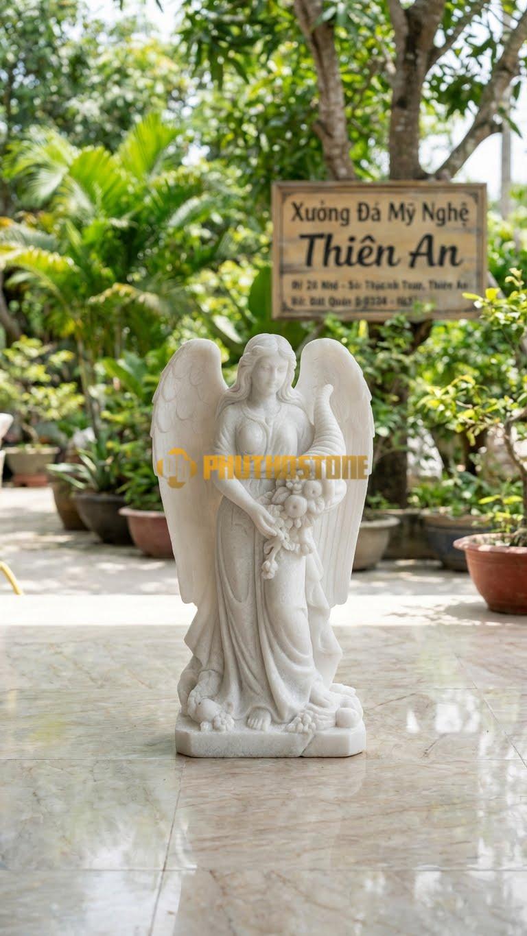 Tượng Nữ Thần May Mắn Đá Trắng Muối Fortuna Có Cánh, Bay Lượn Rải Hoa Quả Từ Sừng – Cao 60Cm X Rộng 40Cm.