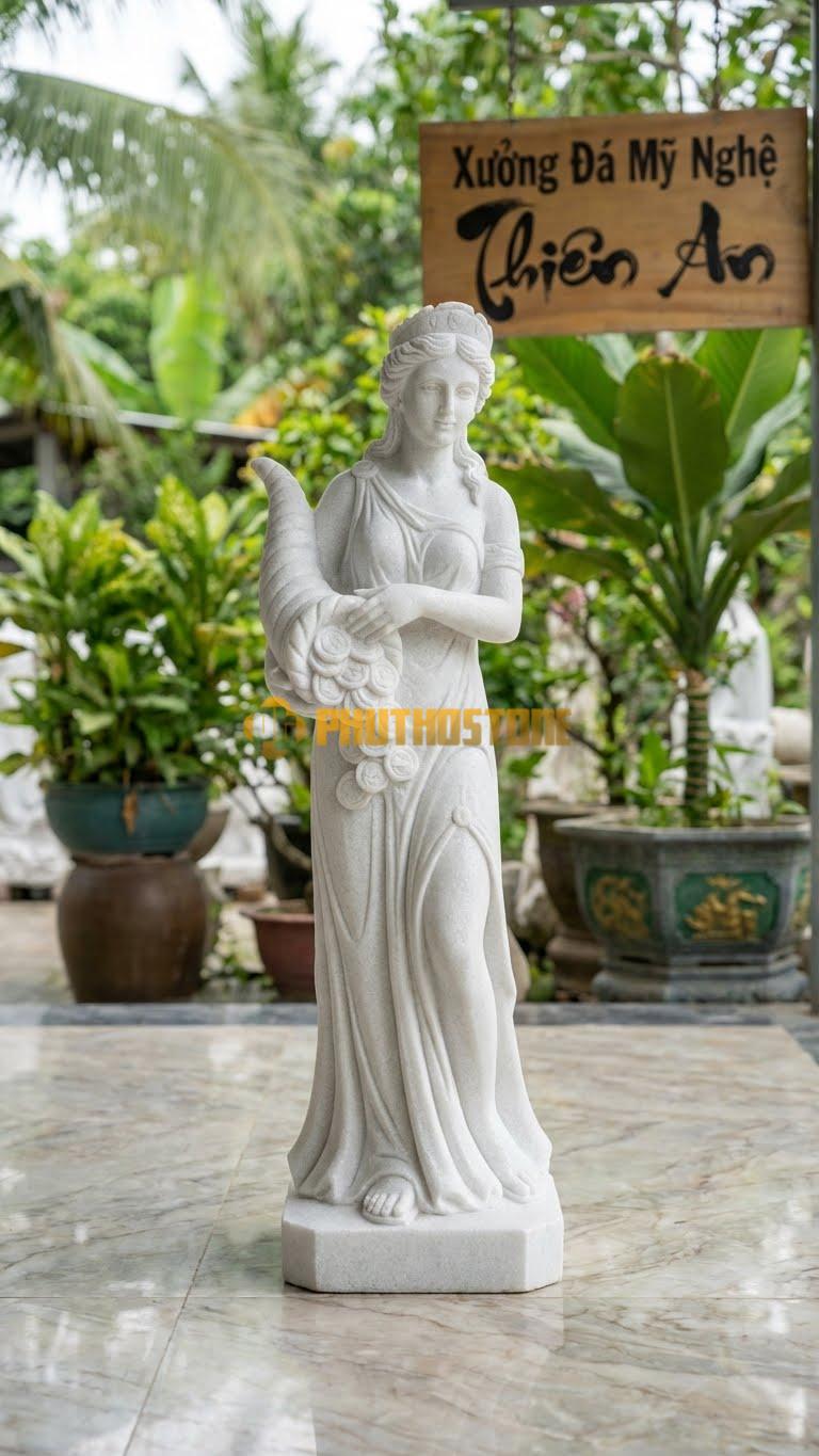 Tượng Nữ Thần May Mắn Đá Trắng Muối Fortuna Đứng Đổ Tiền Vàng Từ Sừng Sung Túc (Cornucopia) Xuống Đất – Cao 65Cm X Rộng 28Cm.