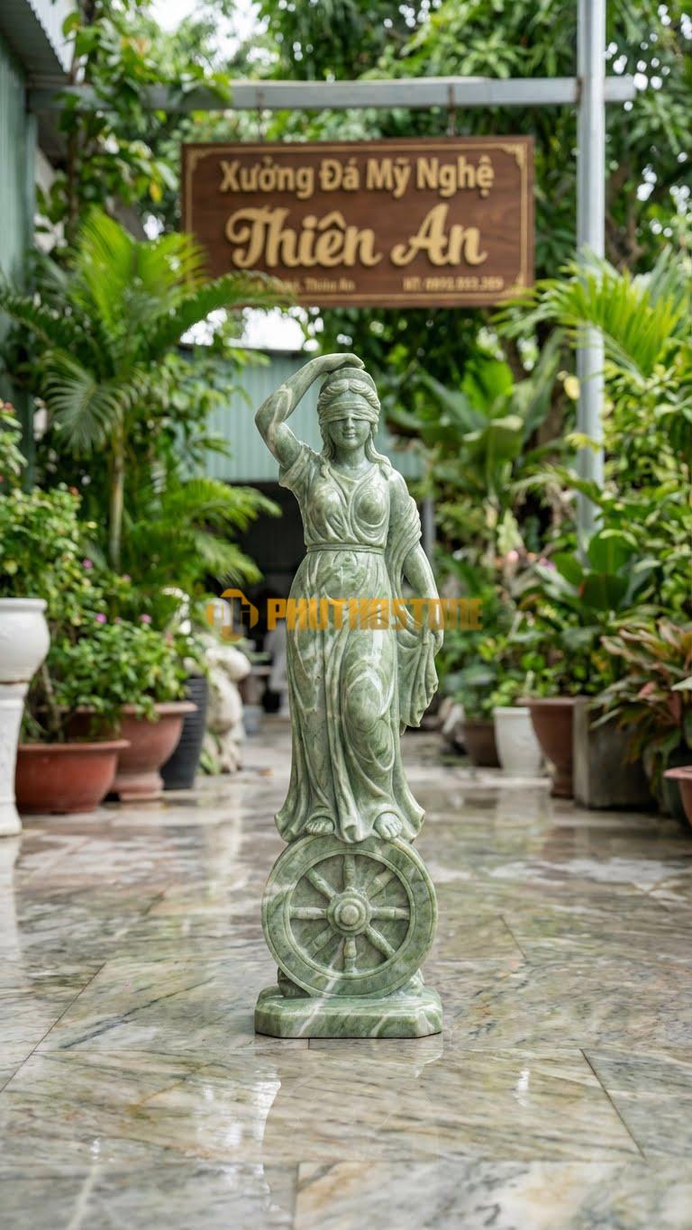 Tượng Nữ Thần May Mắn Đá Xanh Ấn Fortuna Bịt Mắt Đứng Thăng Bằng Trên Bánh Xe Vận Mệnh – Cao 70Cm X Rộng 25Cm.