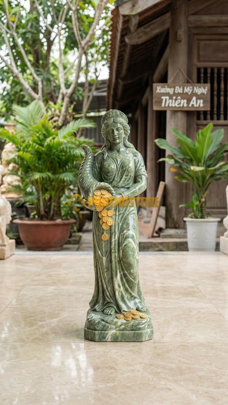 Tượng Nữ Thần May Mắn Đá Xanh Ấn Fortuna Đứng Đổ Tiền Vàng Từ Sừng Sung Túc (Cornucopia) Xuống Đất – Cao 65Cm X Rộng 28Cm.