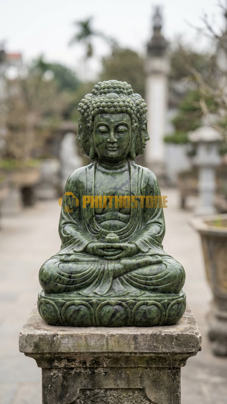 Tượng Phật Bốn Mặt Đá Serpentine, ngồi trên bệ cao chạm voi