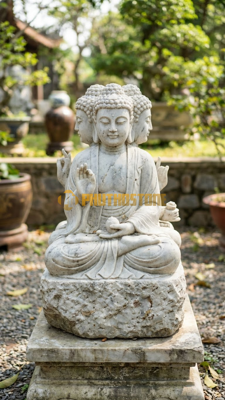 Tượng Phật Bốn Mặt Đá Trắng Yên Bái, mỗi mặt một tư thế tay khác nhau