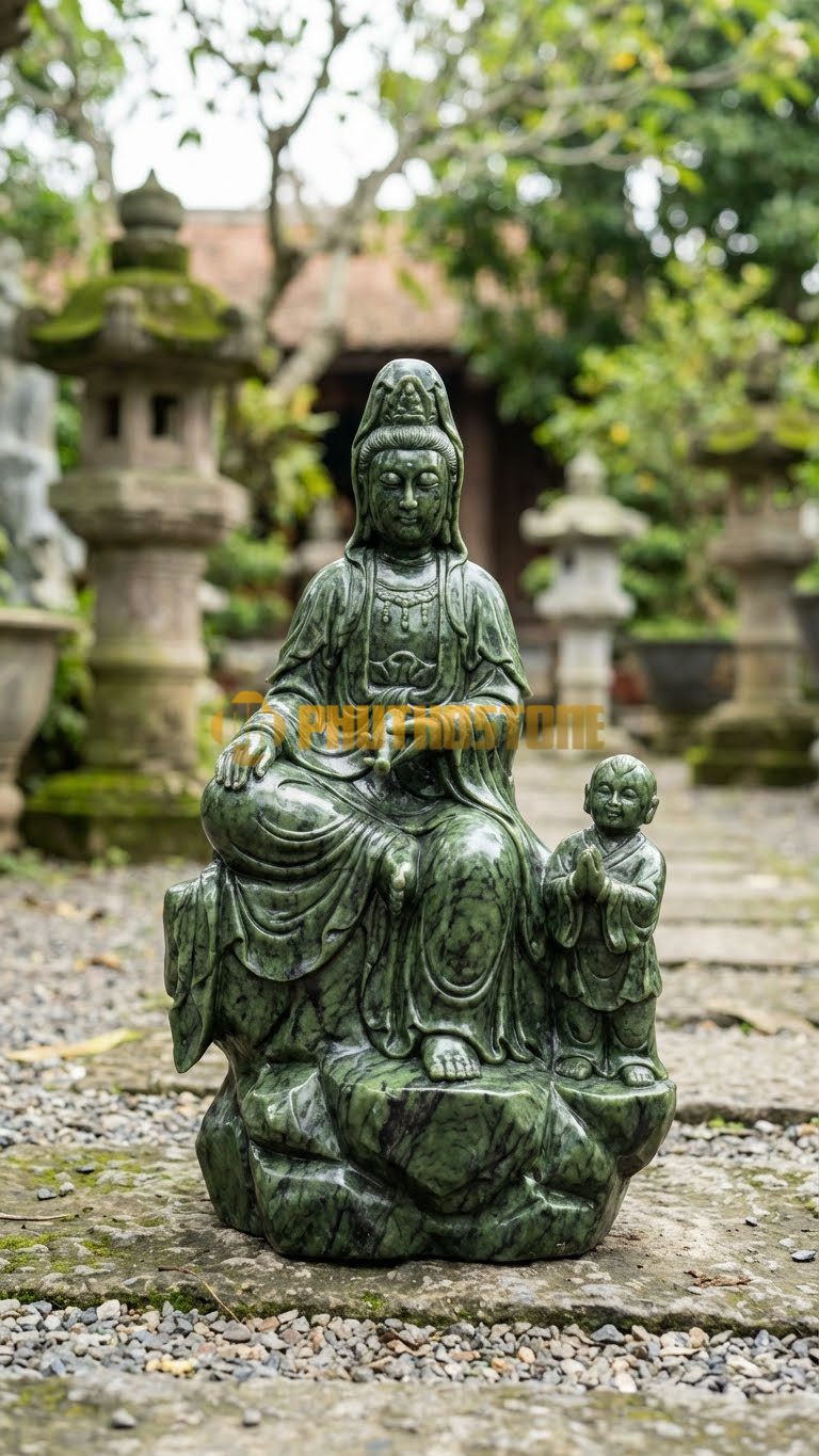 Tượng Quan Âm Tọa Sơn Đá Serpentine, Thiện Tài Đồng Tử đứng hầu bên cạnh