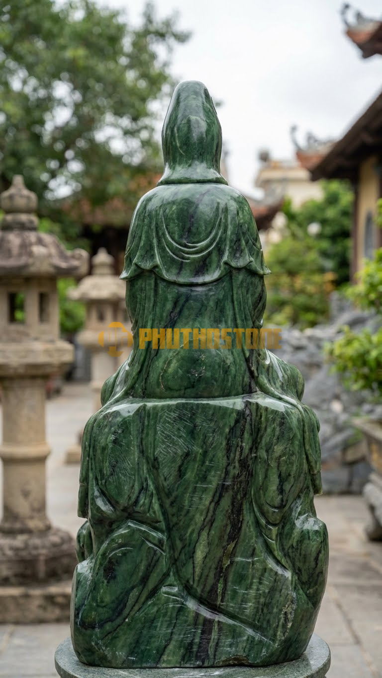 Tượng Quan Âm Tọa Sơn Đá Serpentine, vân đá tạo thành hình thác nước chảy trên núi