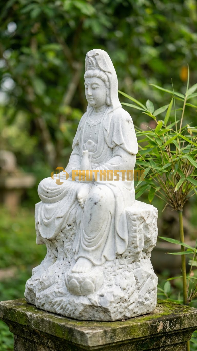 Tượng Quan Âm Tọa Sơn Đá Trắng Muối Nghệ An, bụi tre đá bên cạnh