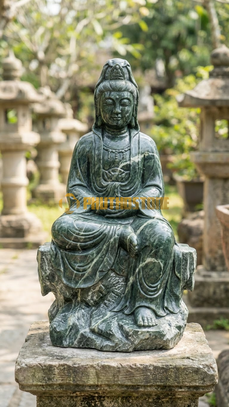 Tượng Quan Âm Tọa Sơn Đá Xanh Ấn Độ, phong cách khổ hạnh, ít trang sức,