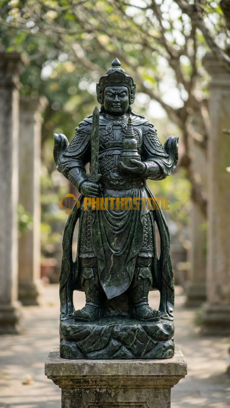 Tượng Quảng Mục Thiên Vương Đá Serpentine, giáp trụ màu tối uy nghiêm