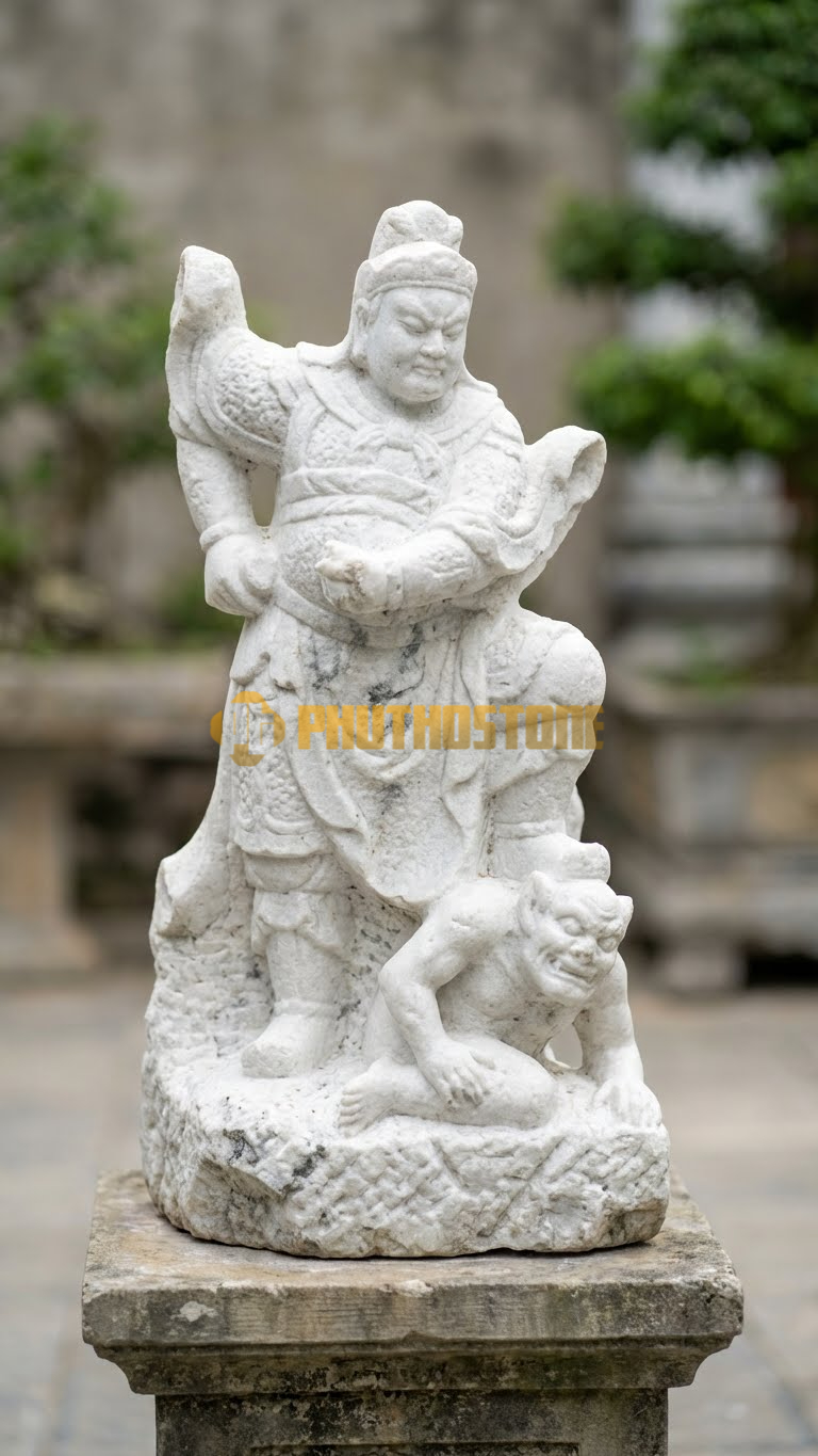 Tượng Quảng Mục Thiên Vương Đá Trắng Muối Nghệ An, đạp lên quỷ lưng gù