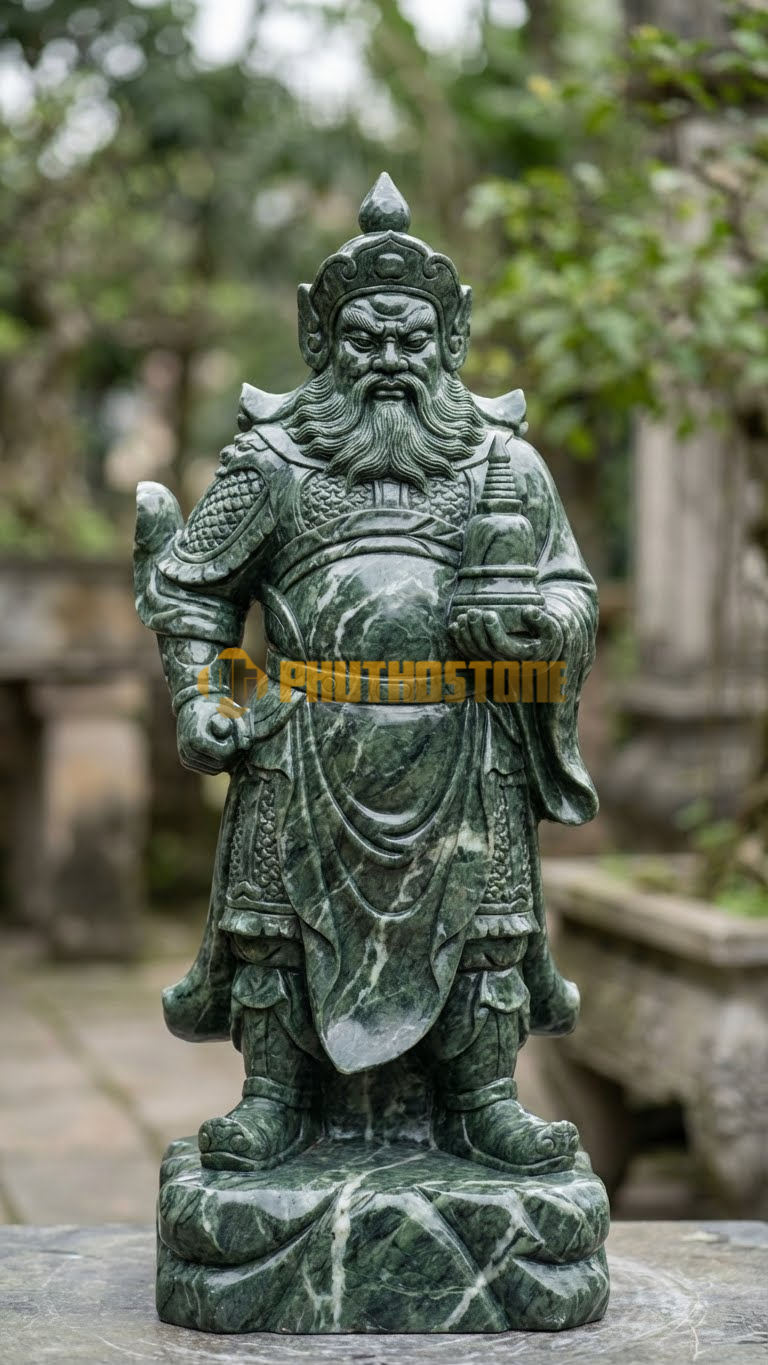 Tượng Quảng Mục Thiên Vương Đá Xanh Ấn Độ, râu rậm rạp