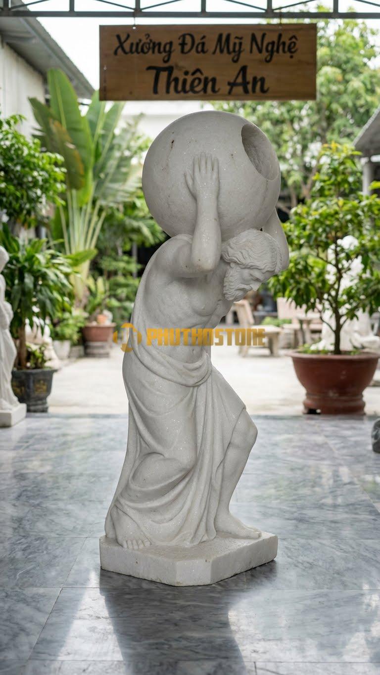 Tượng Thần Atlas Đá Trắng Muối Dáng Đứng Khom Lưng, Gồng Mình Đỡ Bầu Trời (Khối Cầu Rỗng) – Cao 180Cm, Rộng 90Cm.