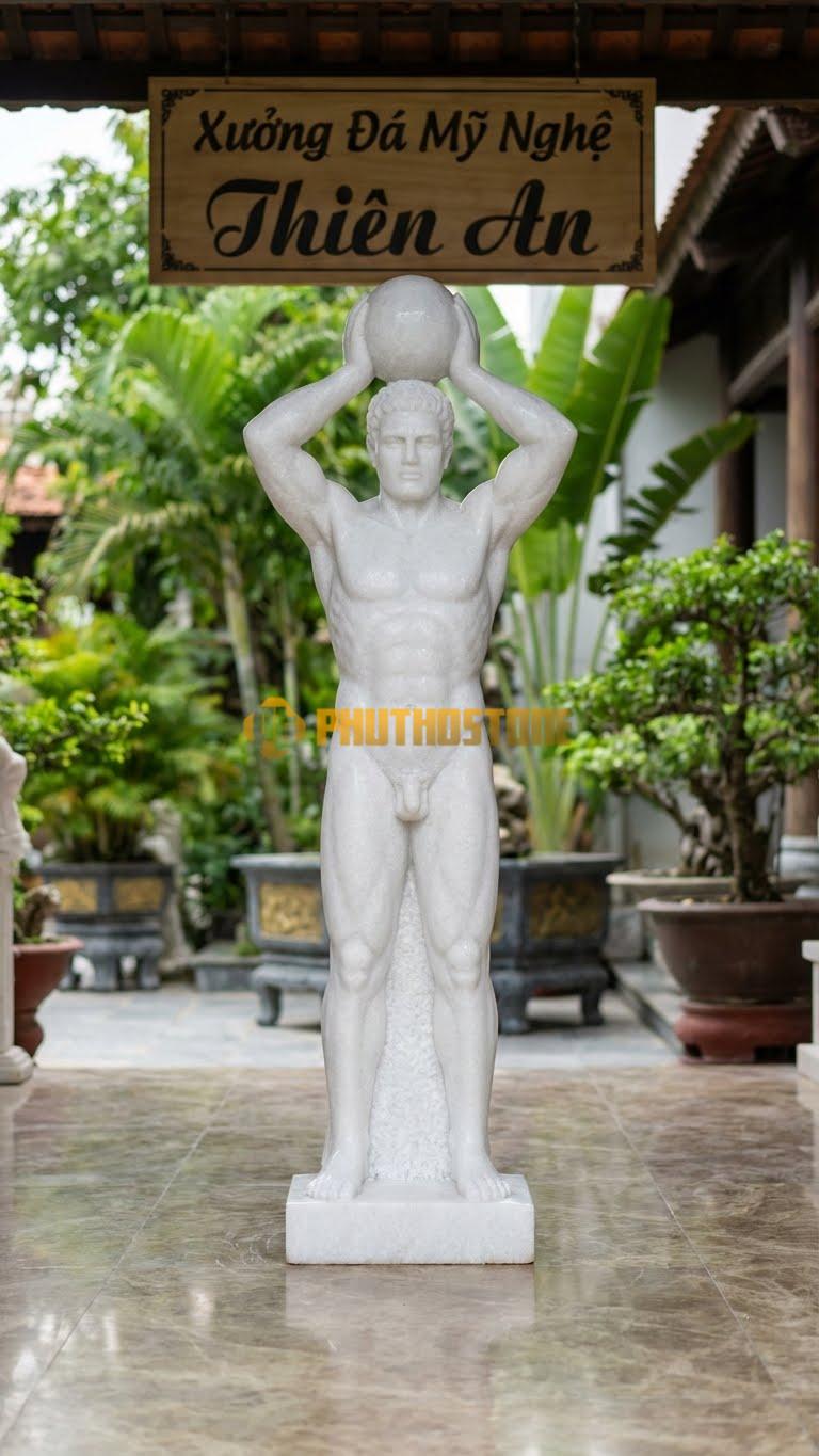 Tượng Thần Atlas Đá Trắng Muối Dáng Lực Sĩ Đứng Thẳng, Giơ Hai Tay Đỡ Quả Cầu Nhỏ (Biểu Tượng Quyền Lực) – Cao 200Cm, Rộng 60Cm.