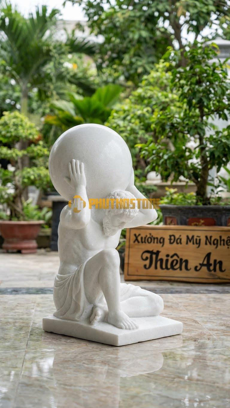 Tượng Thần Atlas Đá Trắng Muối Dáng Ngồi Bệt, Quả Cầu Đè Nặng Lên Vai, Mặt Cúi Gằm – Cao 90Cm, Rộng 70Cm.