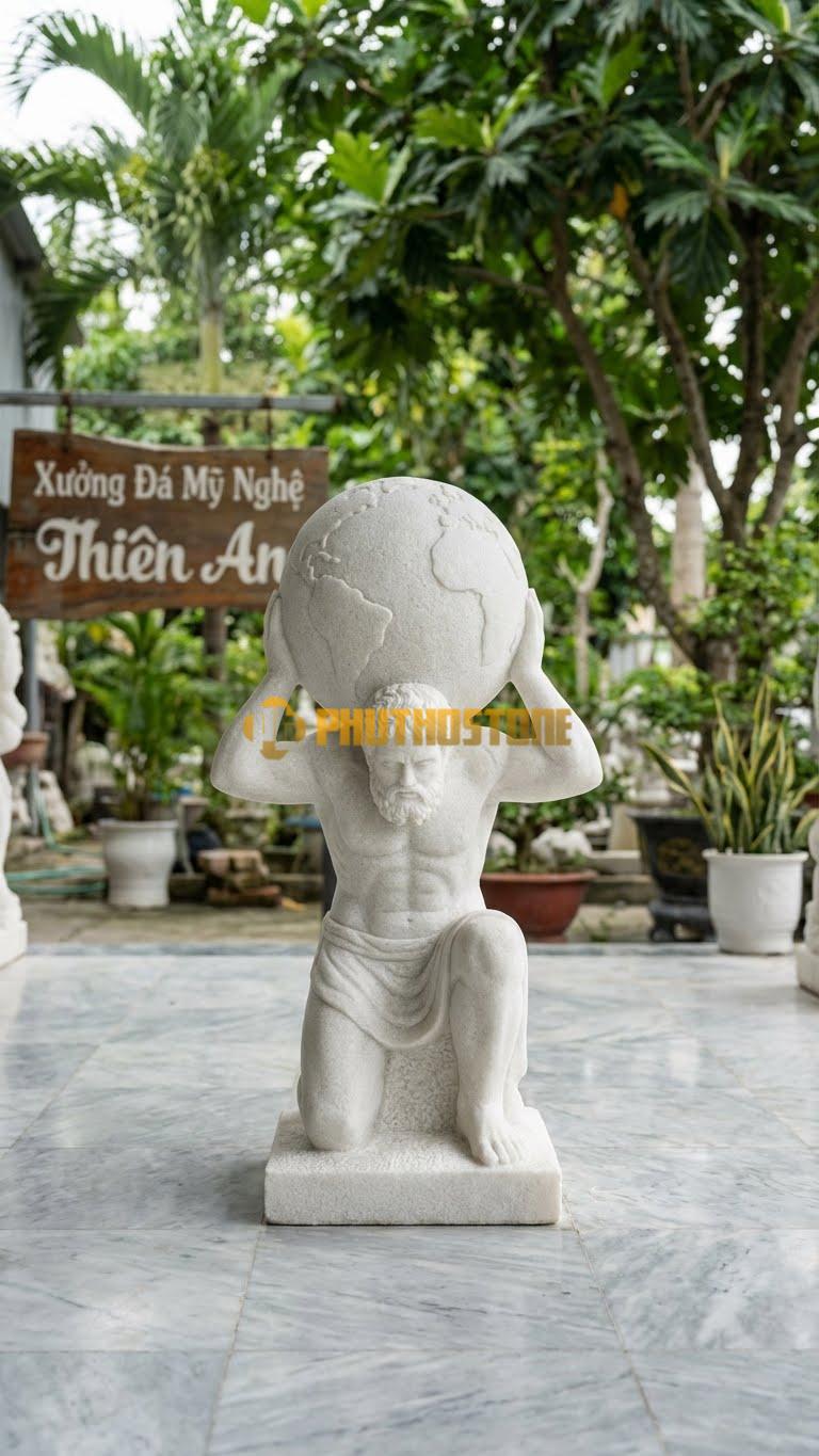 Tượng Thần Atlas Đá Trắng Muối Dáng Quỳ Một Chân, Hai Tay Và Vai Đỡ Quả Địa Cầu Trên Lưng – Cao 120Cm, Rộng 80Cm.