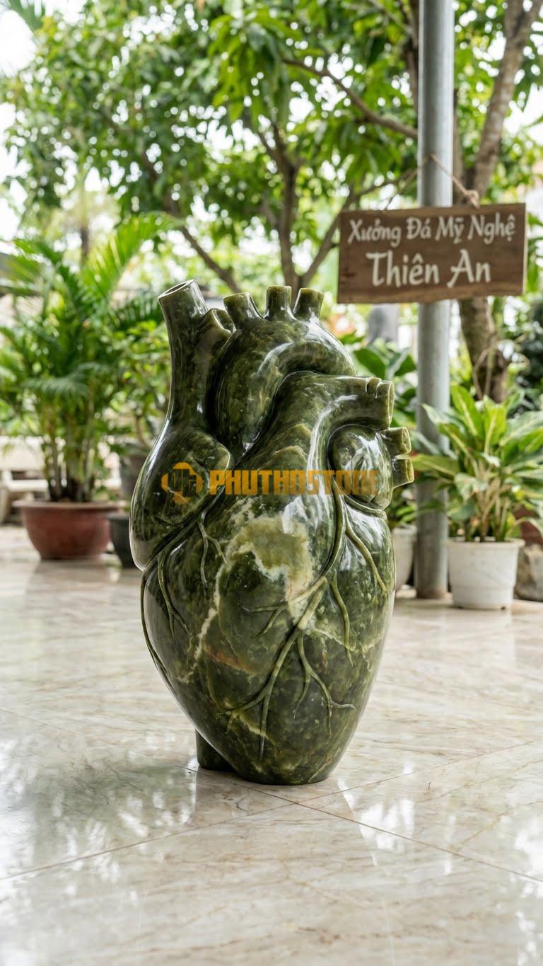 Tượng Thánh Tâm Cách Điệu, Trái Tim Khắc Nổi Không Sơn – Đá Serpentine – Cao 1M2