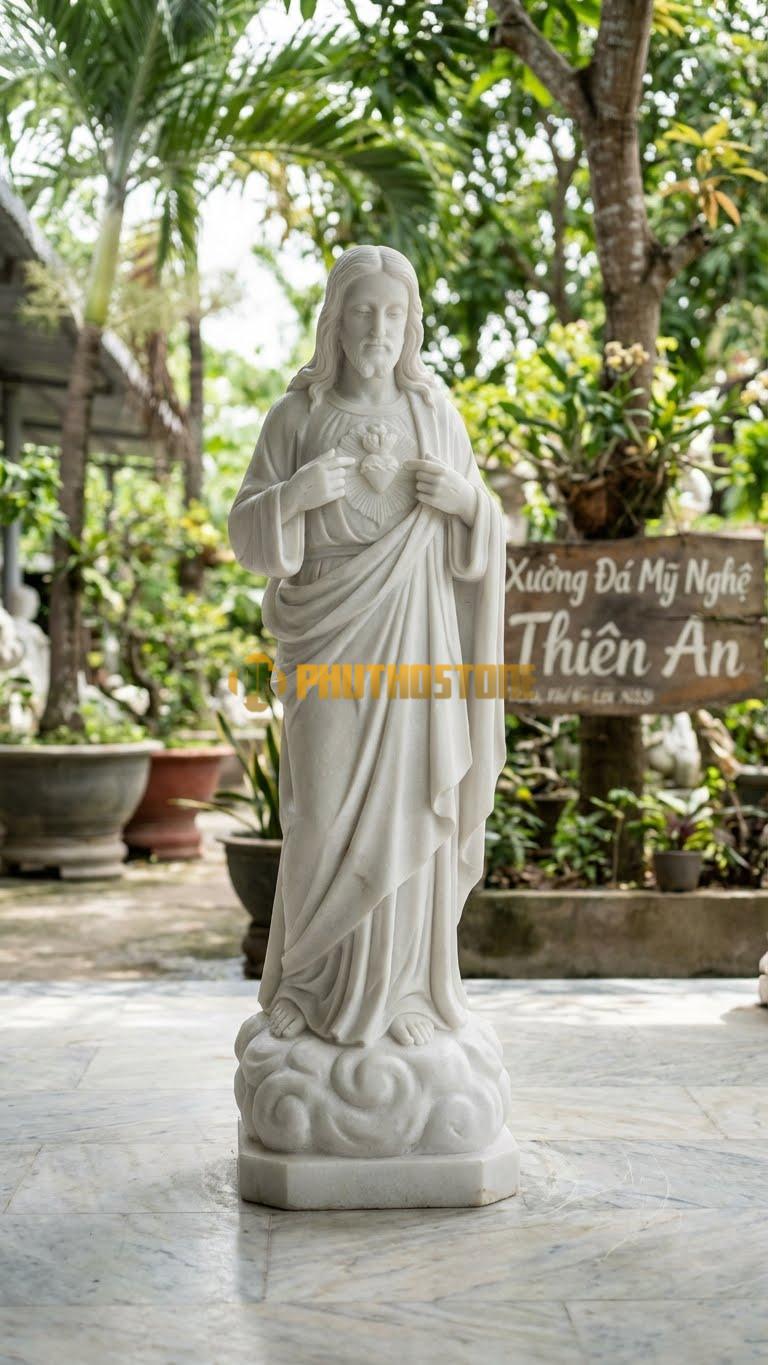Tượng Thánh Tâm Chúa Đứng Trên Bệ Mây, Mặt Nhìn Xuống Nhân Từ – Đá Trắng Cẩm Thạch – Cao 1M6