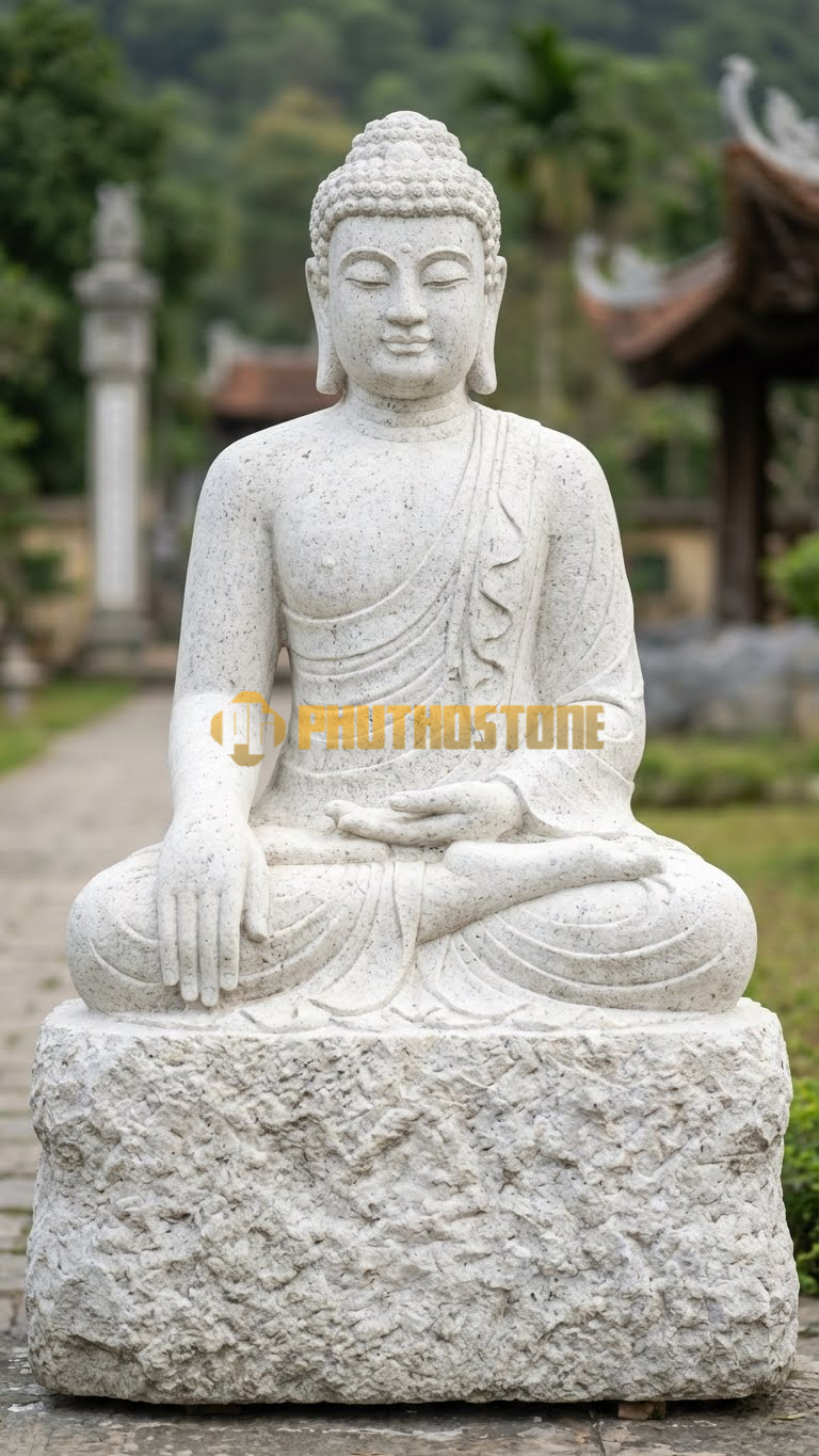 Tượng Thích Ca Xúc Địa Đá Trắng Muối Nghệ An cỡ lớn 4m đặt ngoài trời