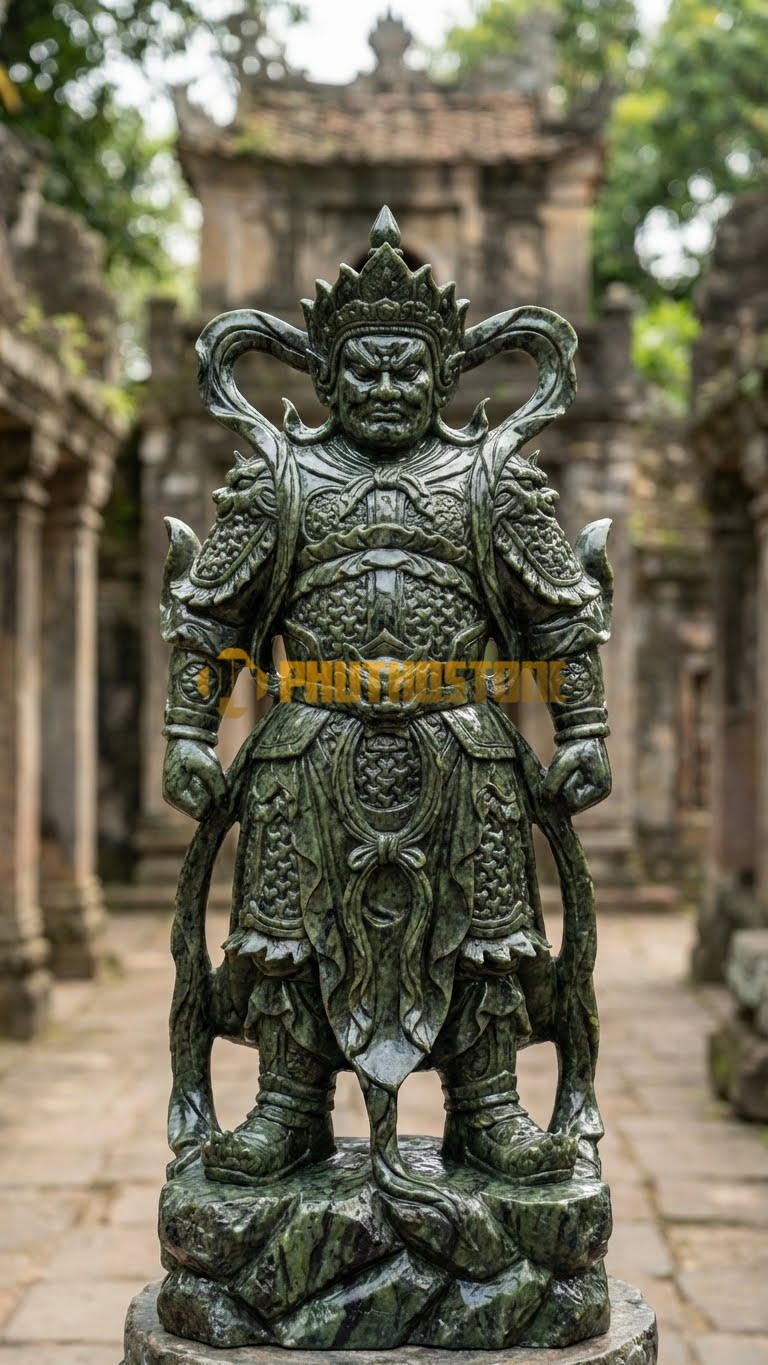 Tượng Tiêu Diện Đại Sĩ Đá Serpentine xanh rêu, trang phục giáp trụ gai góc