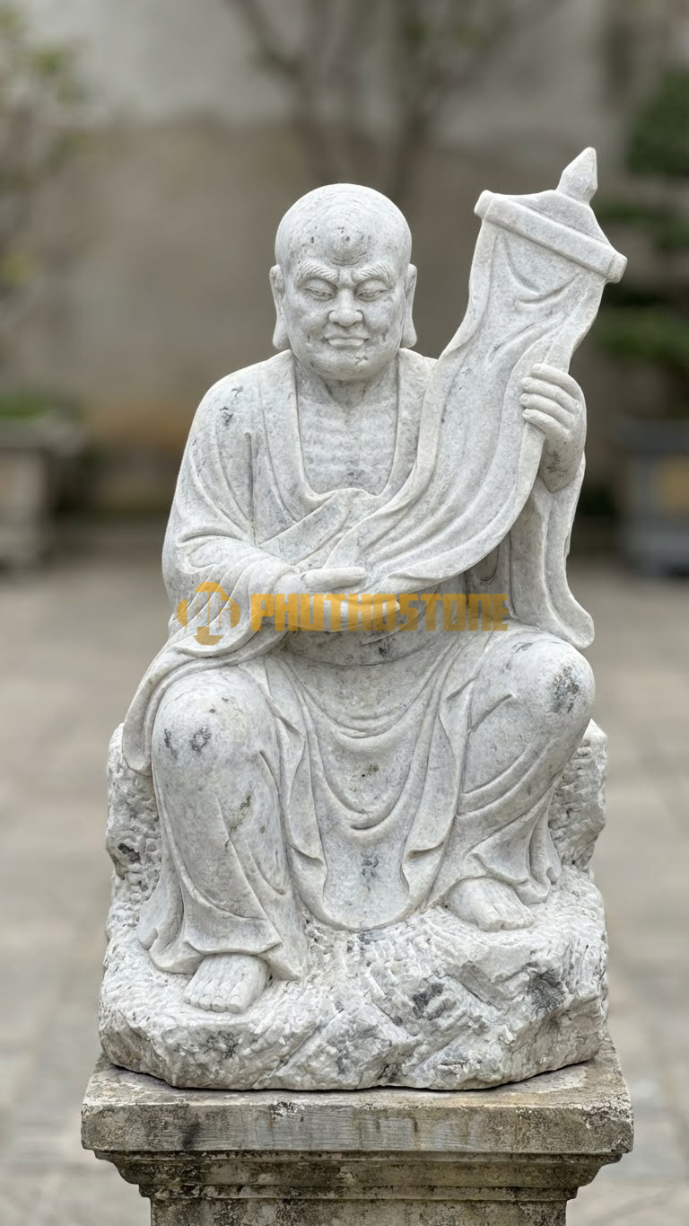 Tượng Tiêu Diện Đại Sĩ Đá Trắng Yên Bái, tay cầm lá cờ phướn