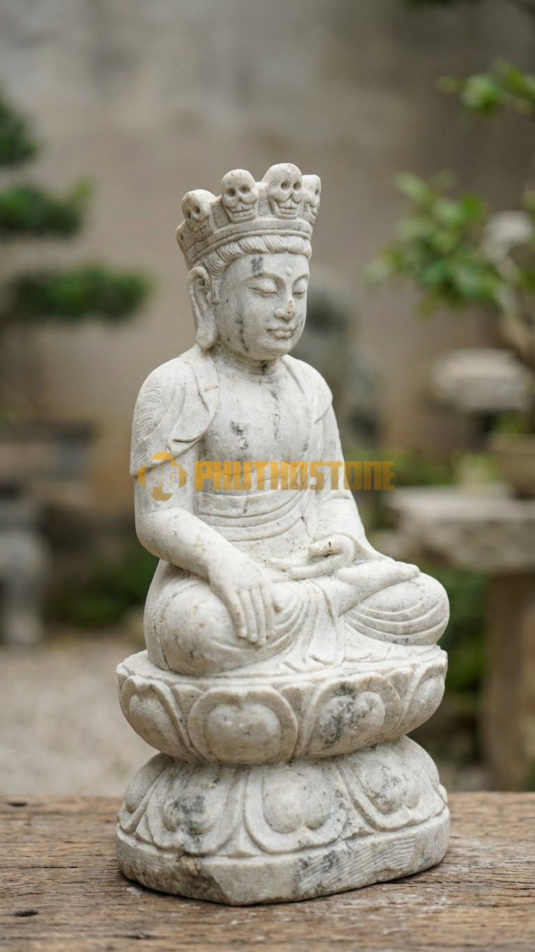 Tượng Văn Thù Mật Tông Đá Trắng Yên Bái, đầu đội mũ 5 sọ người, pháp khí,