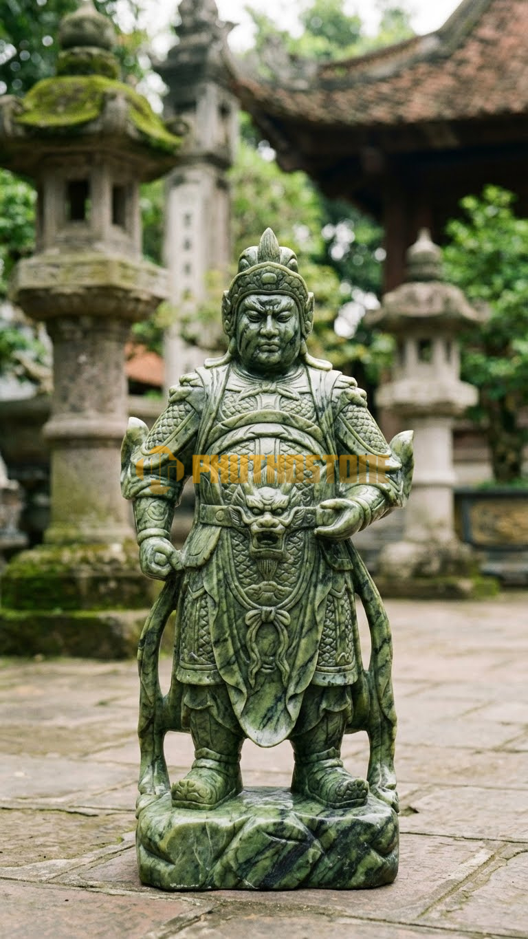 Tượng Vi Đà Hộ Pháp Đá Serpentine xanh ngọc, đai lưng đầu rồng