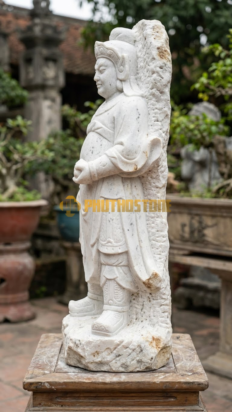 Tượng Vi Đà Hộ Pháp Đá Trắng Muối Nghệ An, giày chiến binh chạm nổi