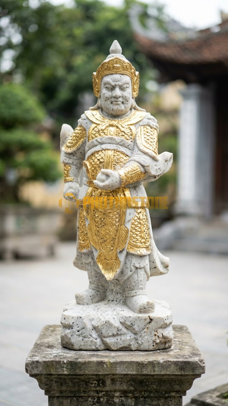 Tượng Vi Đà Hộ Pháp Đá Trắng Yên Bái, dát vàng phần giáp