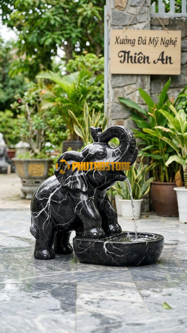 Tượng Voi Con Bằng Đá Phun Nước Mini C60cm. Chất Liệu Đá Đen Tia Chớp