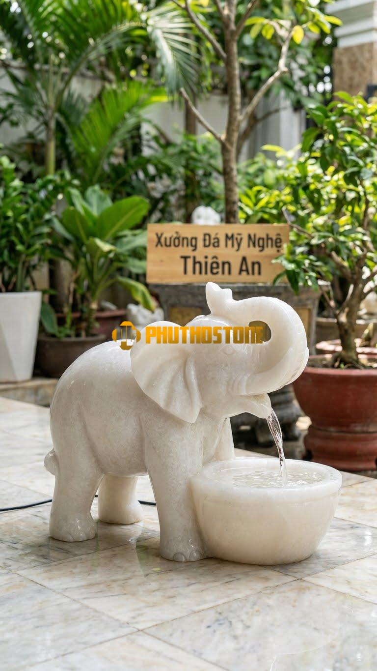 Tượng Voi Con Bằng Đá Phun Nước Mini C60cm. Chất Liệu Đá Trắng Muối