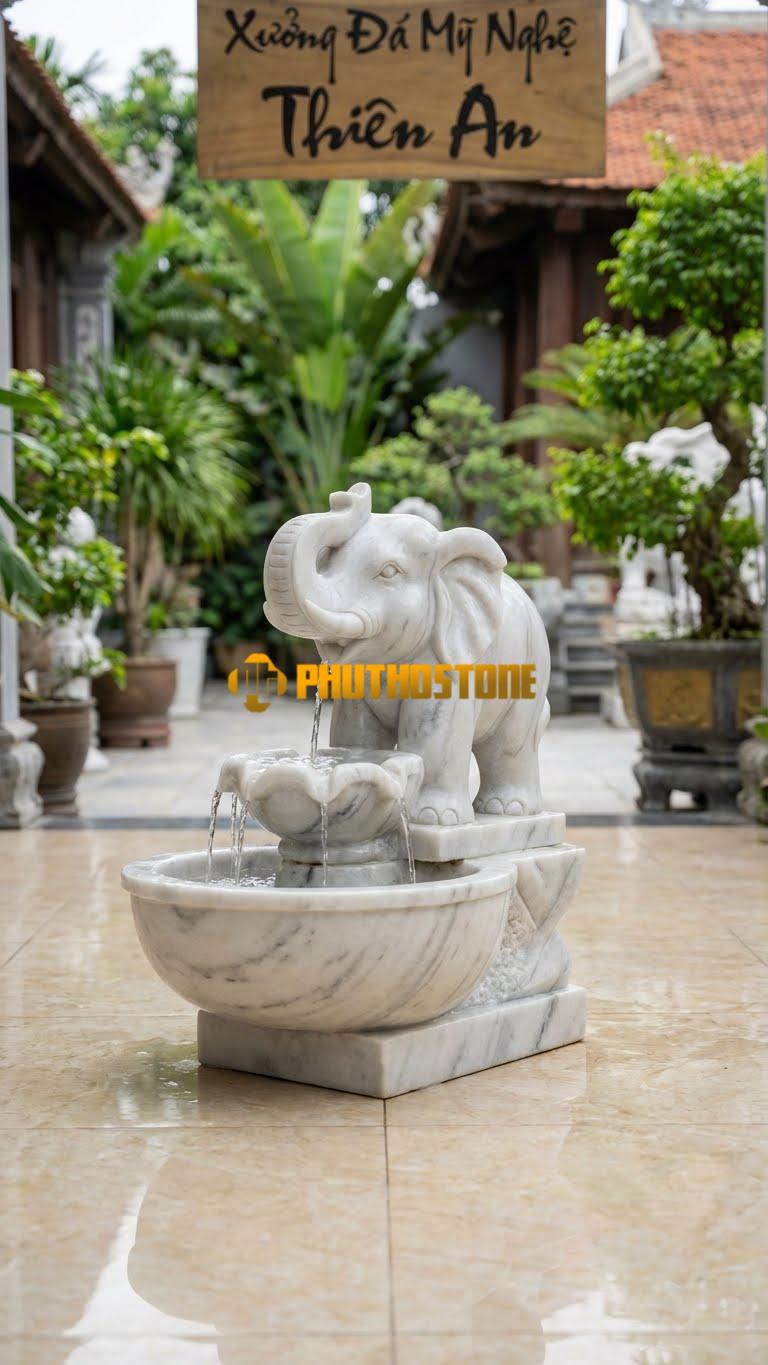 Tượng Voi Con Bằng Đá Phun Nước Mini C60cm. Chất Liệu Đá Trắng Xanh