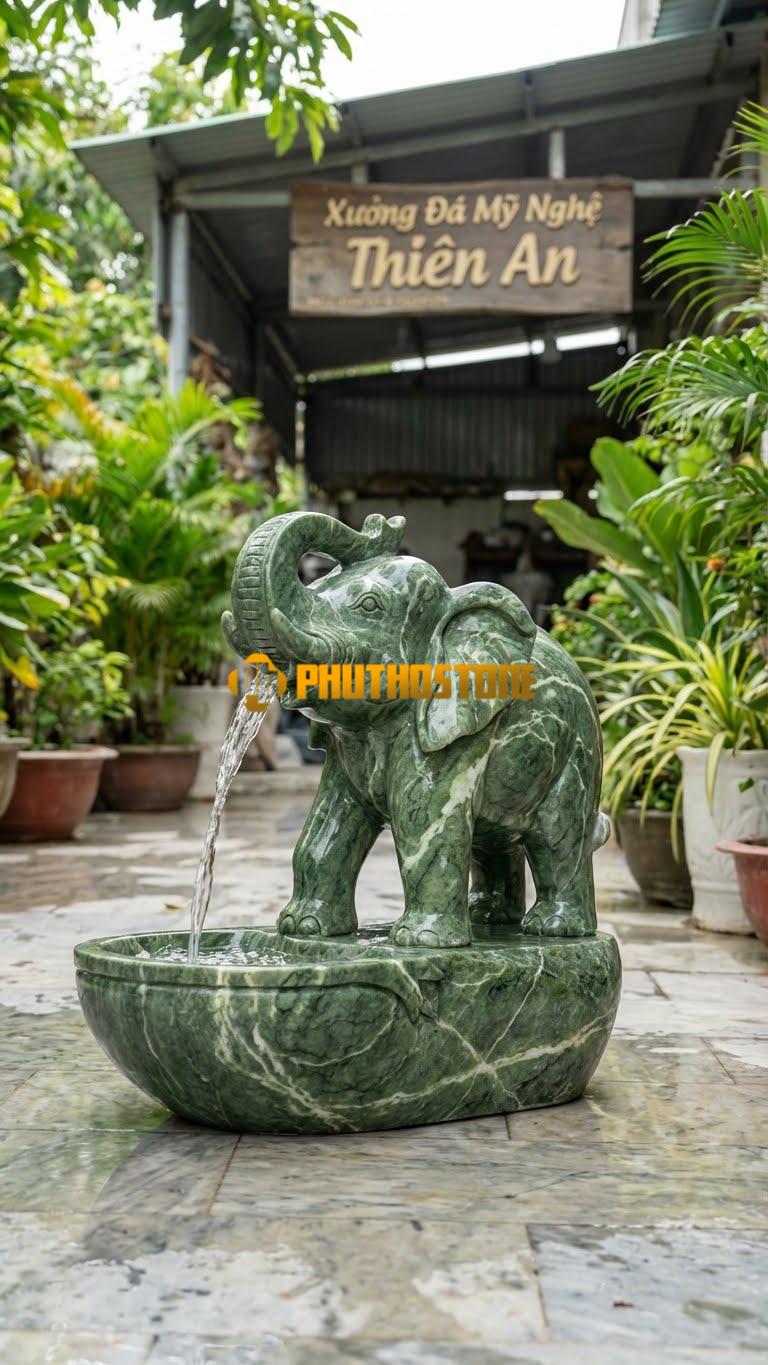 Tượng Voi Con Bằng Đá Phun Nước Mini C60cm. Chất Liệu Đá Xanh Ấn