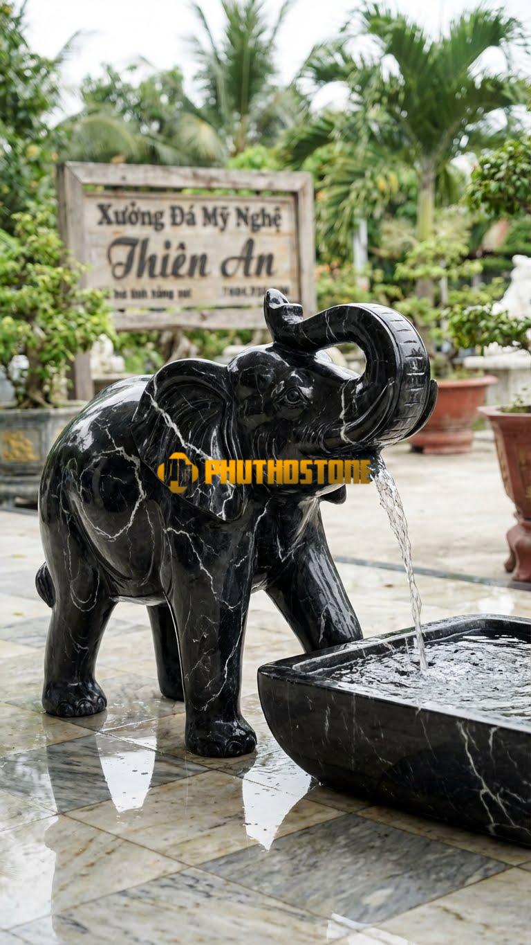 Tượng Voi Nguyên Khối Vòi Phun C1.5M. Chất Liệu Đá Đen Tia Chớp