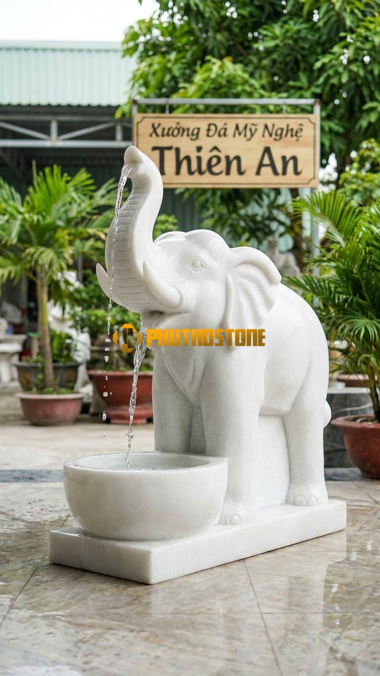 Tượng Voi Nguyên Khối Vòi Phun C1.5M. Chất Liệu Đá Trắng Muối