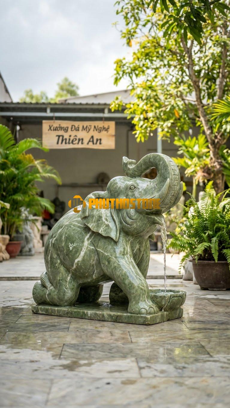 Tượng Voi Nguyên Khối Vòi Phun C1.5M. Chất Liệu Đá Xanh Ấn