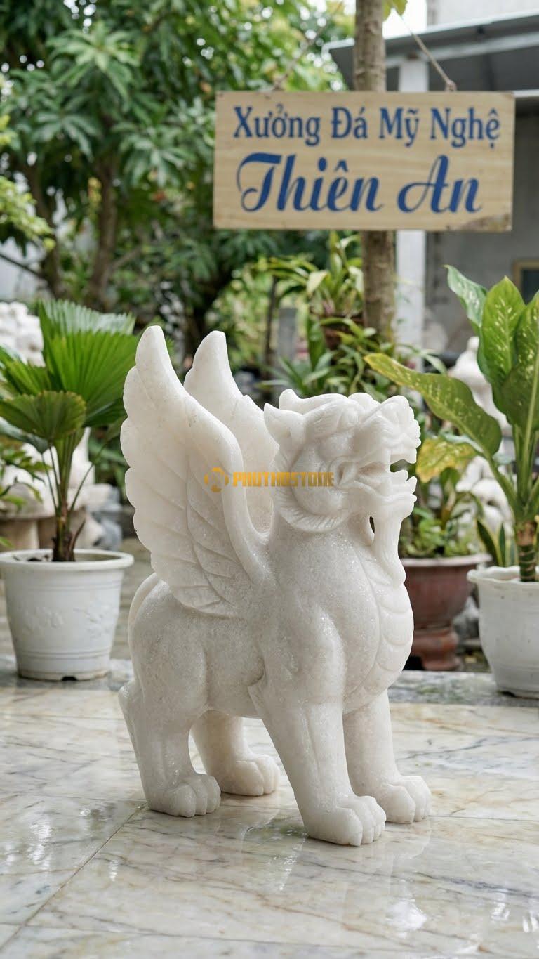 Tỳ Hưu Cánh Tiên Bằng Đá Trắng Muối, Kiểu Dáng Có Cánh Lớn Cách Điệu. Kích Thước Cao 50cm (Trưng Phòng Khách).
