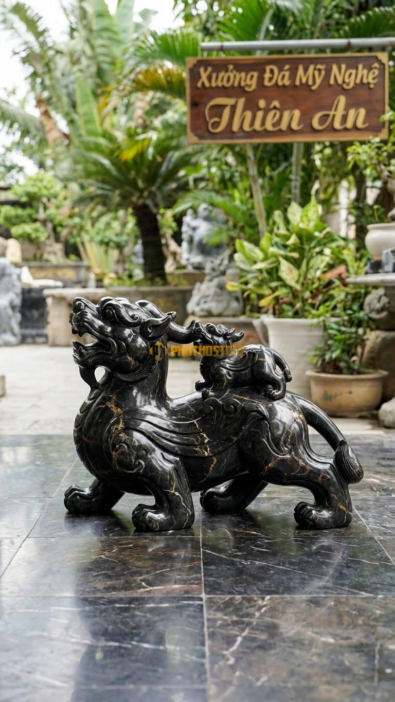 Tỳ Hưu Mẫu Tử Bằng Đá Đen Chỉ Nâu, Kiểu Dáng Tỳ Hưu Mẹ Cõng Tỳ Hưu Con. Kích Thước Dài 45cm.