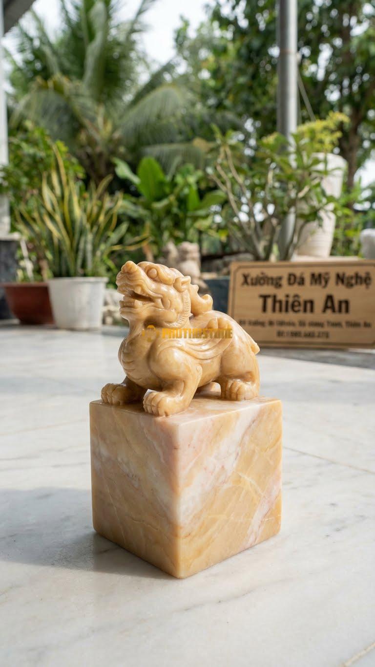 Tỳ Hưu Ngự Ấn Bằng Đá Vàng Nghệ An, Kiểu Dáng Tỳ Hưu Ngồi Trên Bệ Ấn Vuông. Kích Thước Cao 18cm (Quà Tặng Sếp).