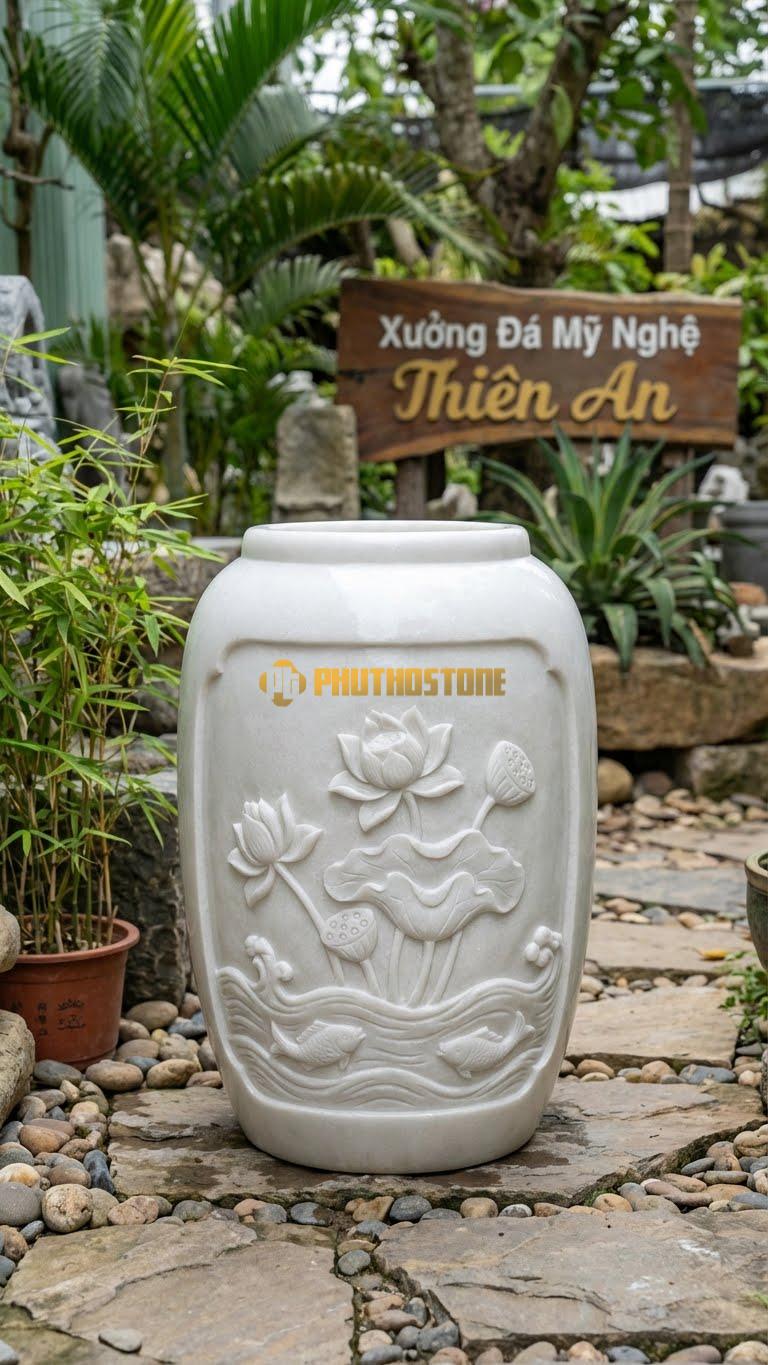 Vại “Đầm Sen Tịnh Độ” Đá Trắng Muối, Kích thước 55cm x 90cm, Hoa Văn Khắc Chìm Hoa Sen, Gương Sen Và Những Chú Cá Nhỏ Bơi Lội Dưới Đáy Vại.