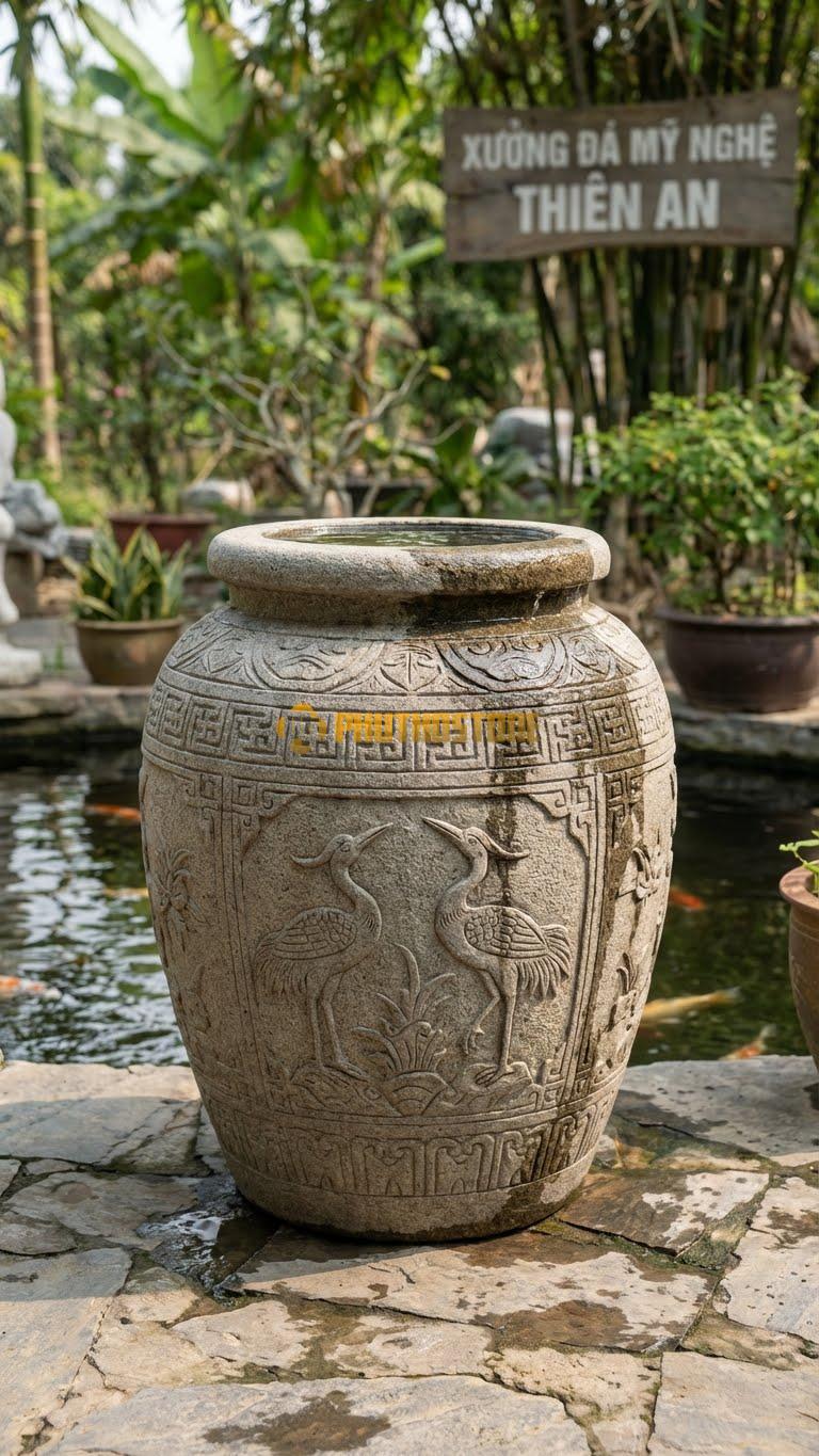 Vại “Họa Tiết Gốm Chu Đậu” Đá Granite, Kích thước 60cm x 80cm, Hoa Văn Tái Hiện Các Hoa Văn Chim Thiên Nga Và Họa Tiết Hình Học Của Dòng Gốm Cổ.