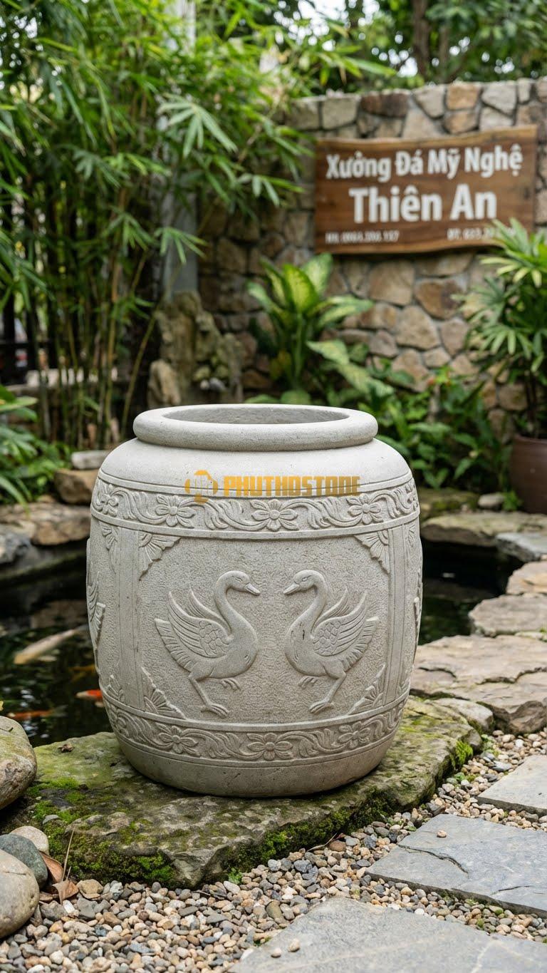 Vại “Họa Tiết Gốm Chu Đậu” Đá Sa Thạch, Kích thước 60cm x 80cm, Hoa Văn Tái Hiện Các Hoa Văn Chim Thiên Nga Và Họa Tiết Hình Học Của Dòng Gốm Cổ.