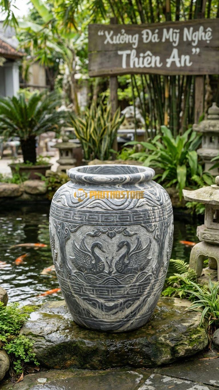Vại “Họa Tiết Gốm Chu Đậu” Đá Vân Mây, Kích thước 60cm x 80cm, Hoa Văn Tái Hiện Các Hoa Văn Chim Thiên Nga Và Họa Tiết Hình Học Của Dòng Gốm Cổ.