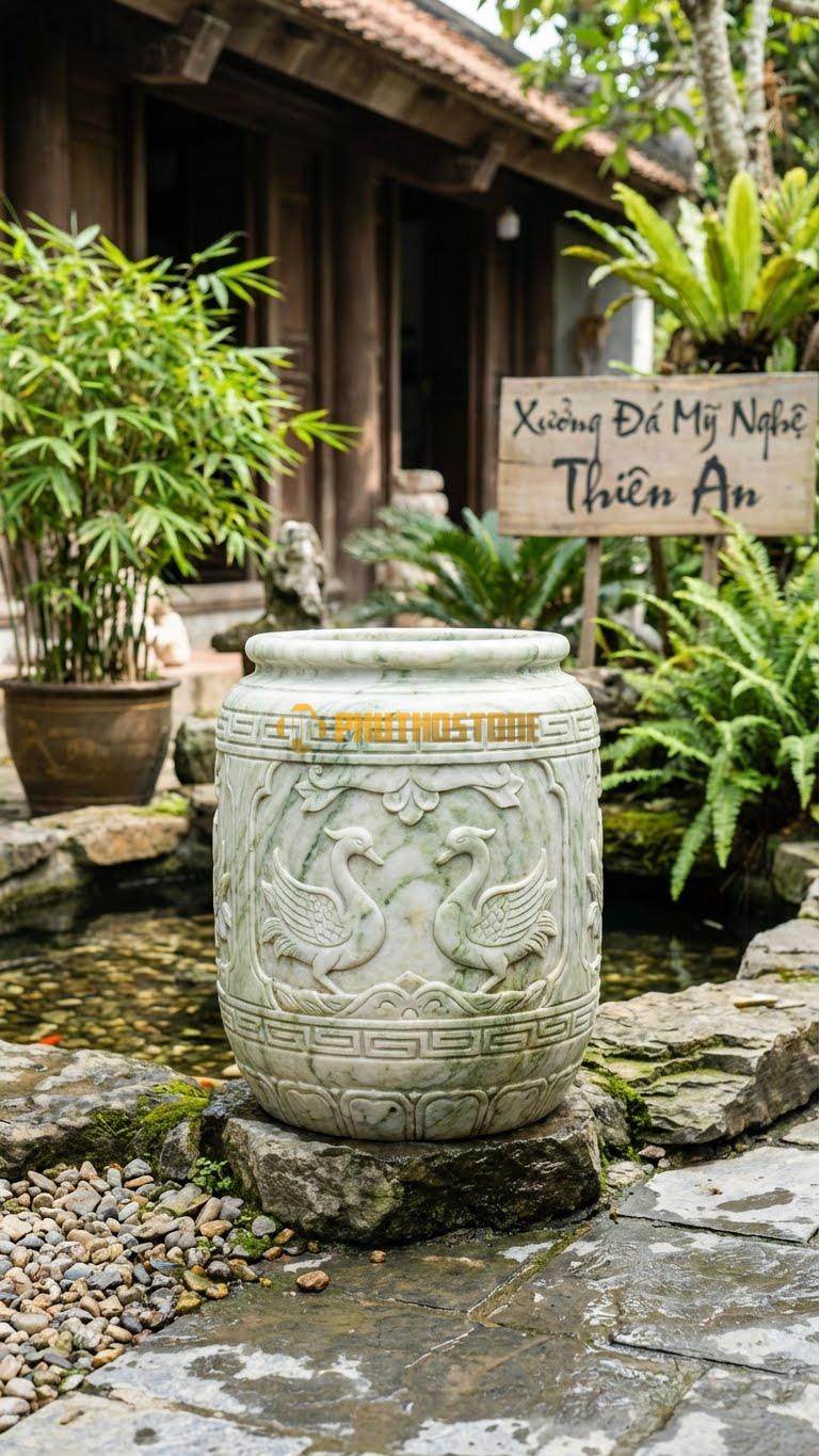 Vại “Họa Tiết Gốm Chu Đậu” Đá Xanh Ấn, Kích thước 60cm x 80cm, Hoa Văn Tái Hiện Các Hoa Văn Chim Thiên Nga Và Họa Tiết Hình Học Của Dòng Gốm Cổ.