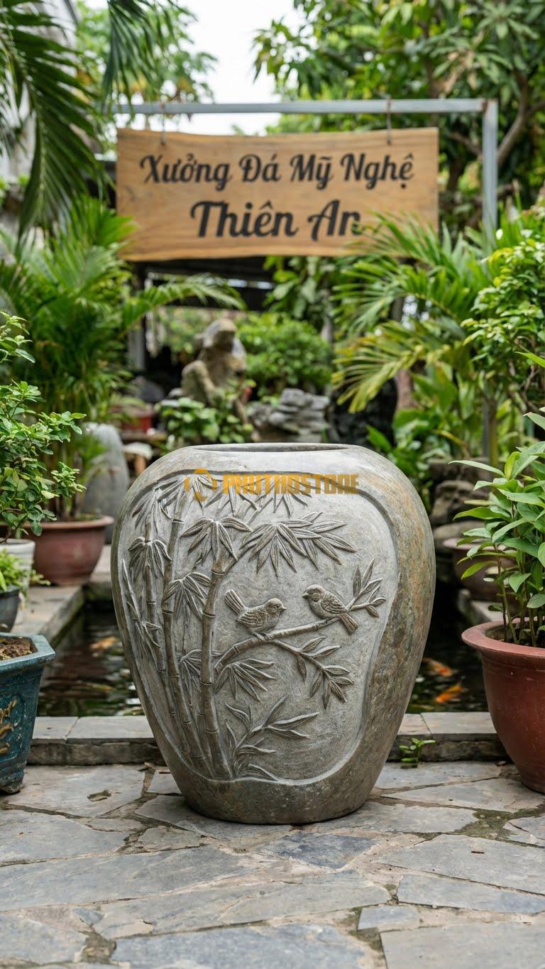 Vại “Khóm Trúc & Chim Sẻ” Đá Cuội, Kích thước 65cm x 70cm, Hoa Văn Khóm Trúc Đung Đưa Trong Gió Với Những Đôi Chim Sẻ Đậu Trên Cành.