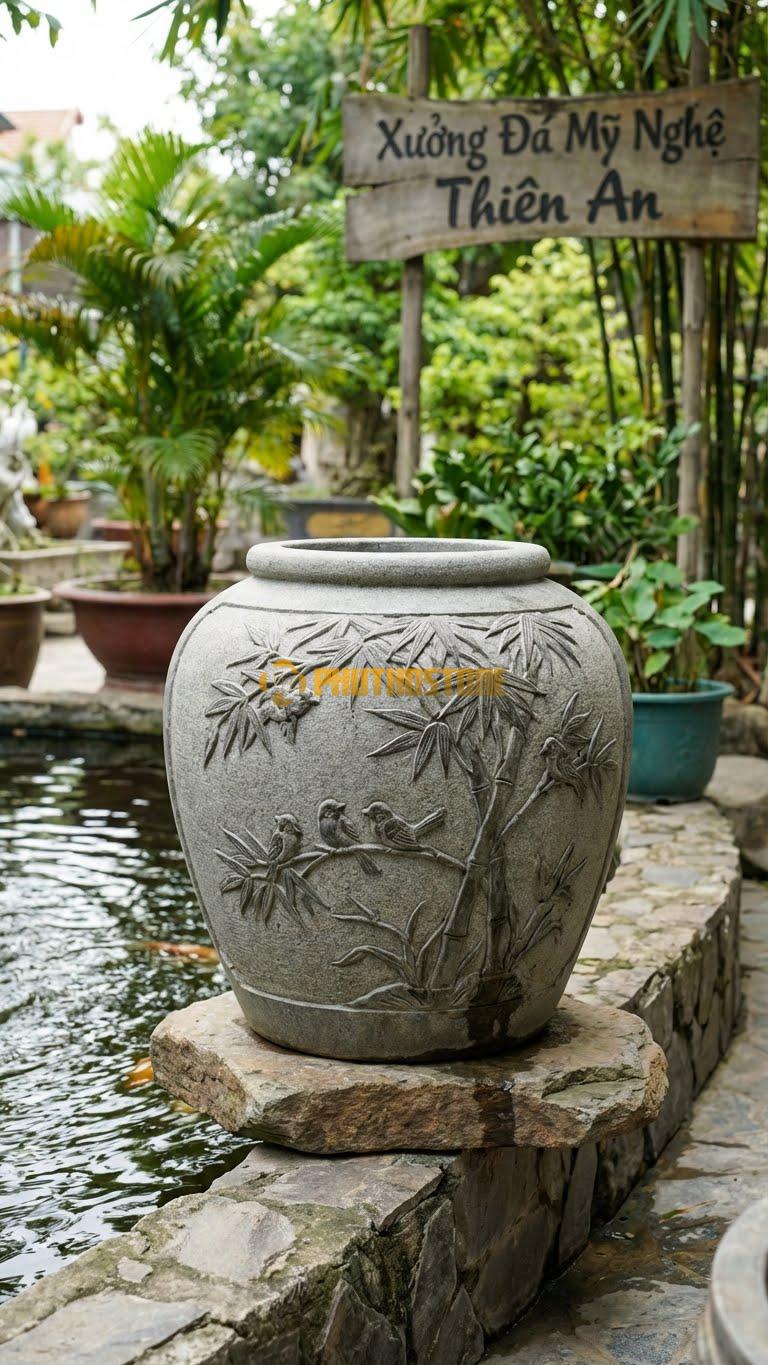 Vại “Khóm Trúc & Chim Sẻ” Đá Granite, Kích thước 65cm x 70cm, Hoa Văn Khóm Trúc Đung Đưa Trong Gió Với Những Đôi Chim Sẻ Đậu Trên Cành.