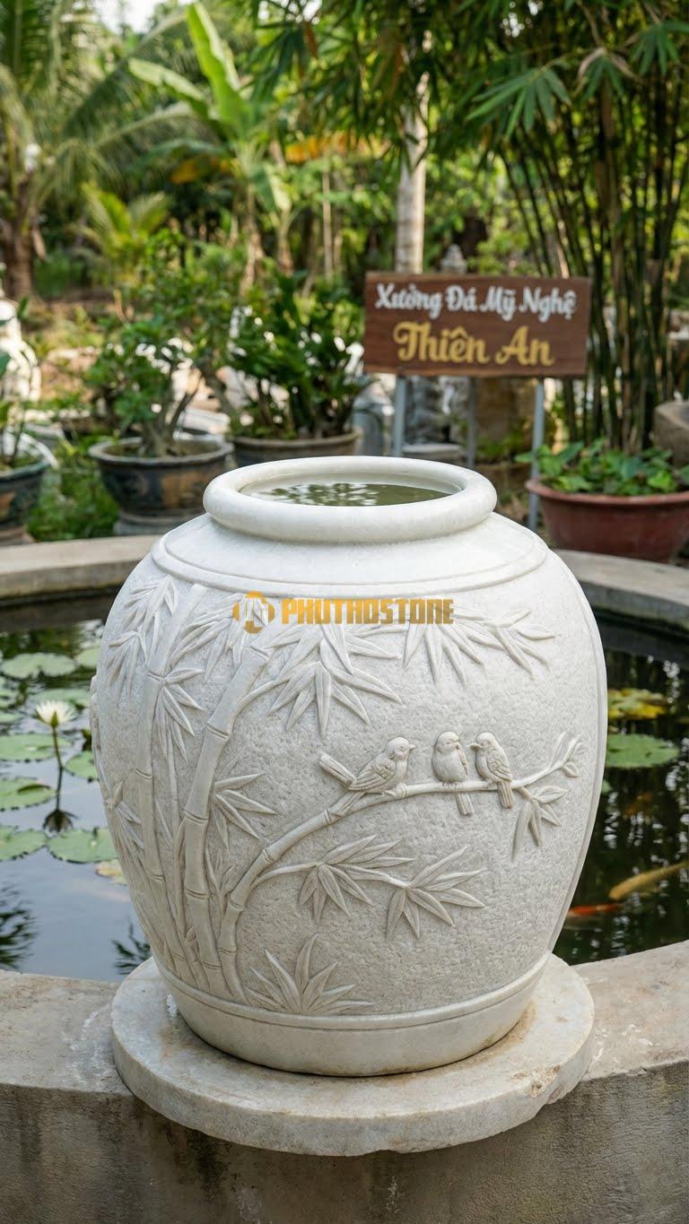 Vại “Khóm Trúc & Chim Sẻ” Đá Trắng Muối, Kích thước 65cm x 70cm, Hoa Văn Khóm Trúc Đung Đưa Trong Gió Với Những Đôi Chim Sẻ Đậu Trên Cành.