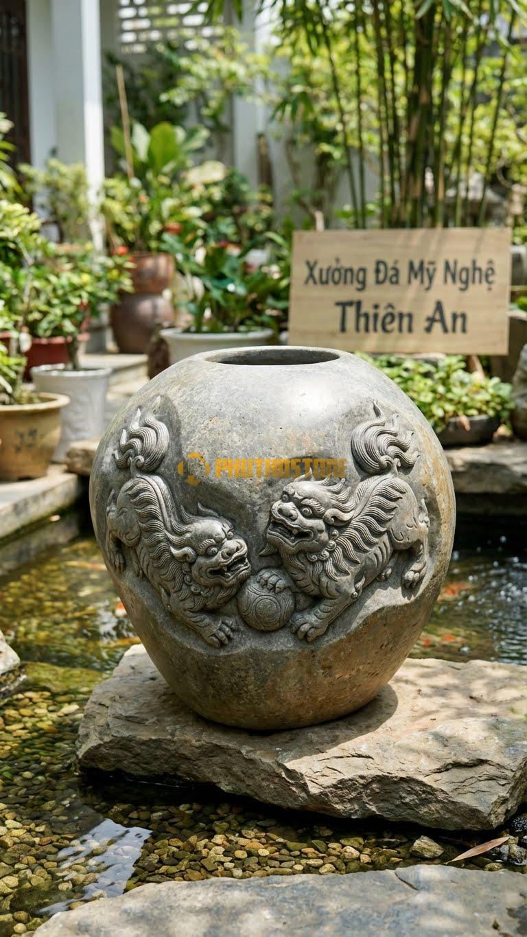 Vại “Lân Vờn Cầu” Đá Cuội, Kích thước 70cm x 80cm, Hoa Văn Hình Ảnh Đôi Lân Vờn Quả Cầu, Các Chi Tiết Bờm Và Chân Lân Khắc Rất Sâu.