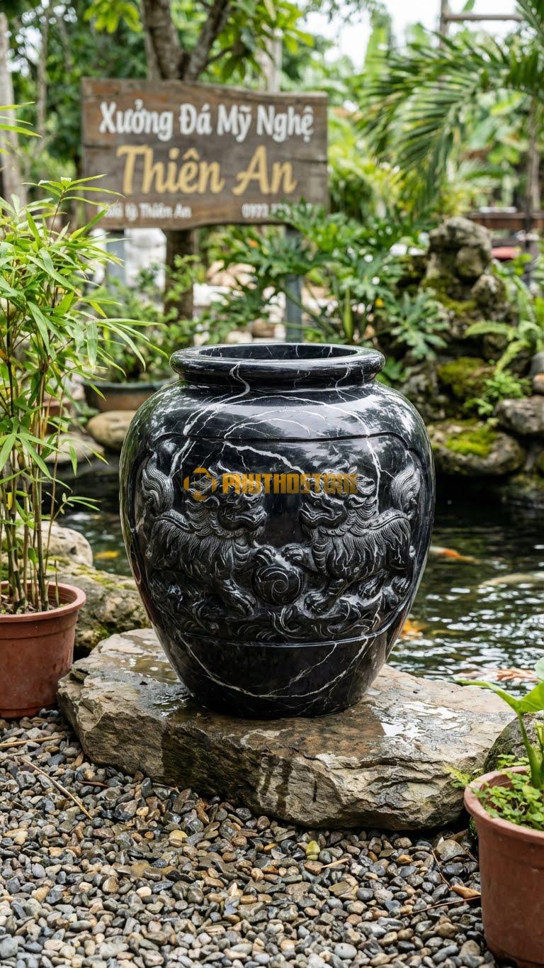 Vại “Lân Vờn Cầu” Đá Đen Tia Chớp, Kích thước 70cm x 80cm, Hoa Văn Hình Ảnh Đôi Lân Vờn Quả Cầu, Các Chi Tiết Bờm Và Chân Lân Khắc Rất Sâu.