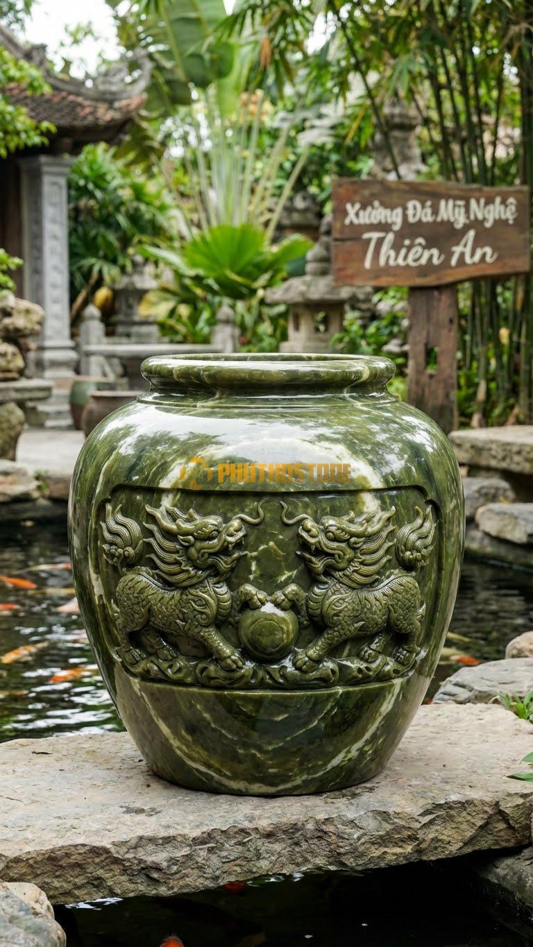 Vại “Lân Vờn Cầu” Đá Serpentine, Kích thước 70cm x 80cm, Hoa Văn Hình Ảnh Đôi Lân Vờn Quả Cầu, Các Chi Tiết Bờm Và Chân Lân Khắc Rất Sâu.