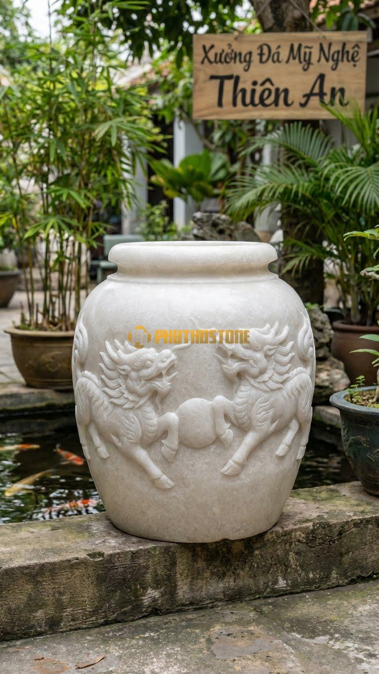 Vại “Lân Vờn Cầu” Đá Trắng Muối, Kích thước 70cm x 80cm, Hoa Văn Hình Ảnh Đôi Lân Vờn Quả Cầu, Các Chi Tiết Bờm Và Chân Lân Khắc Rất Sâu.