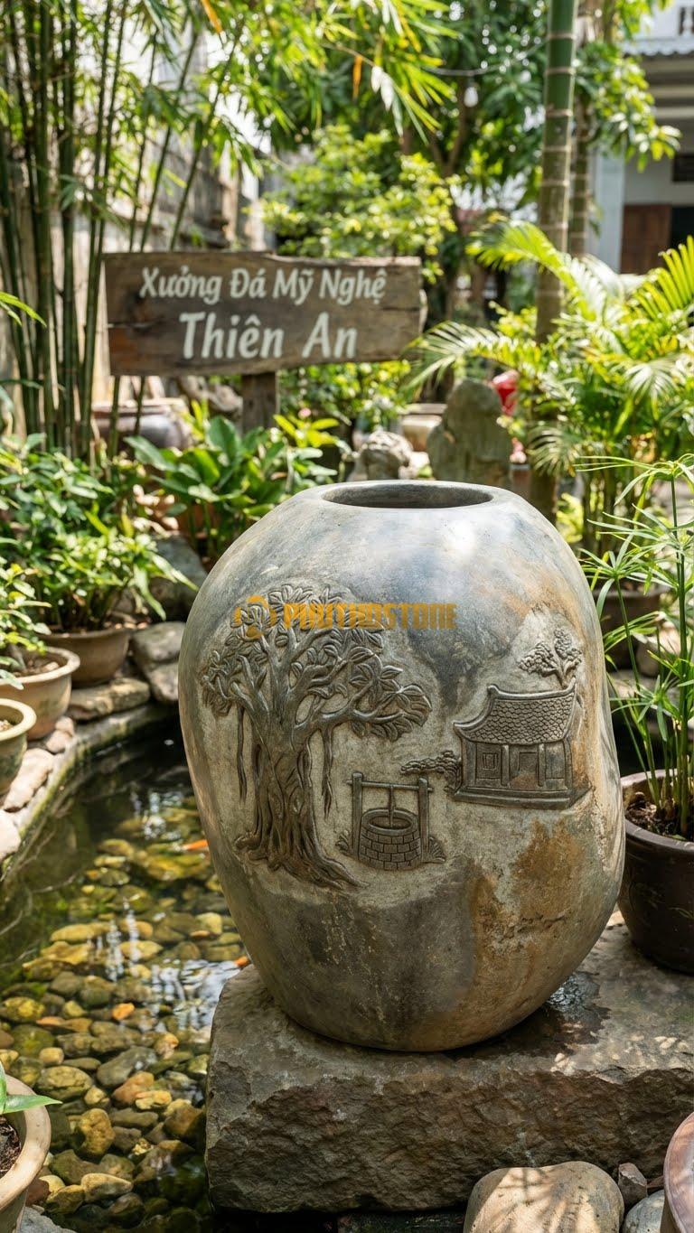 Vại “Làng Quê Việt Nam” Đá Cuội, Kích thước 60cm x 85cm, Hoa Văn Cảnh Cây Đa, Giếng Nước, Sân Đình Được Chạm Khắc Chân Thực, Mộc Mạc.